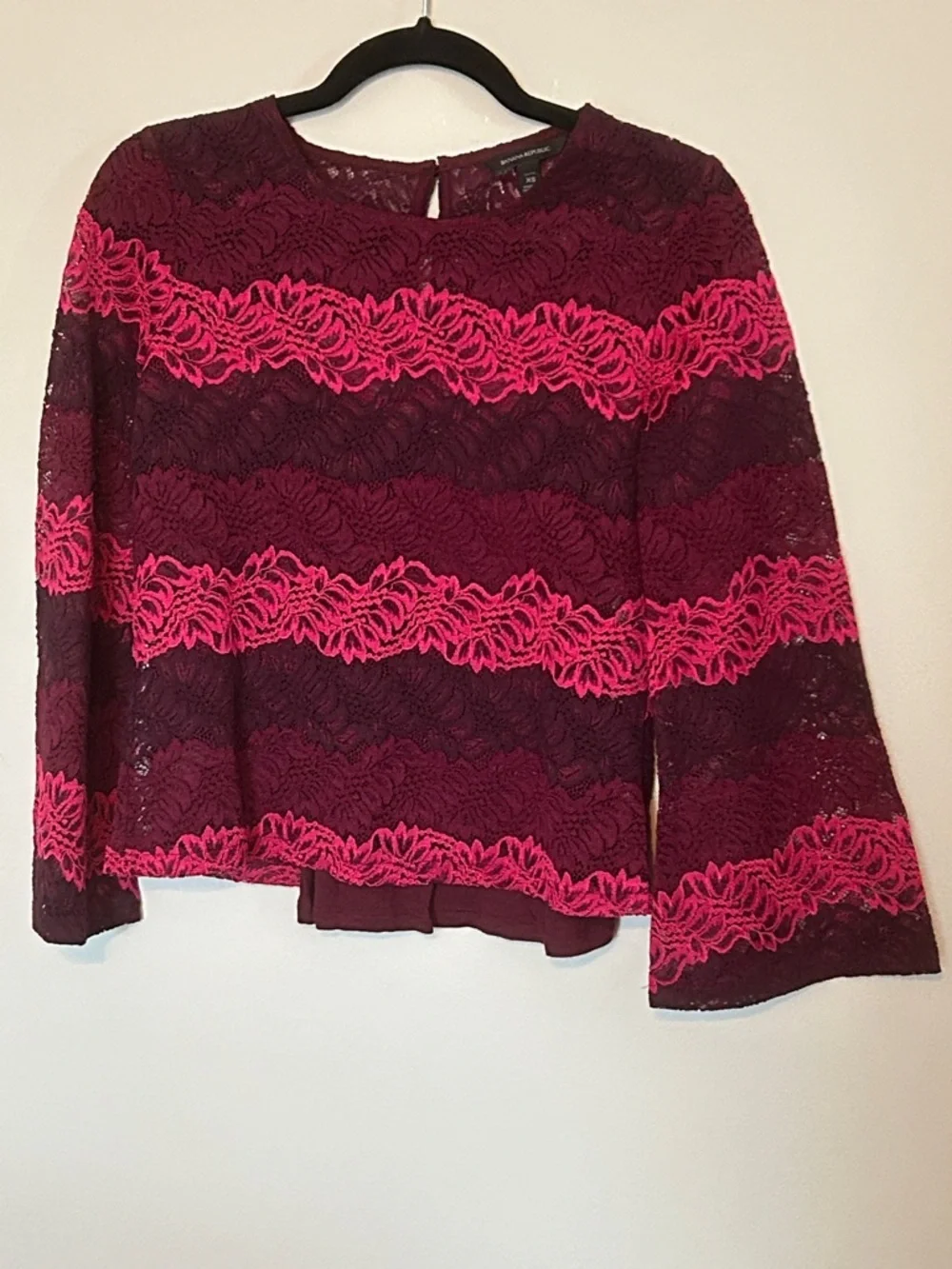 Banana Republic Burgundy Lace Blouse with Hot Pink Trim